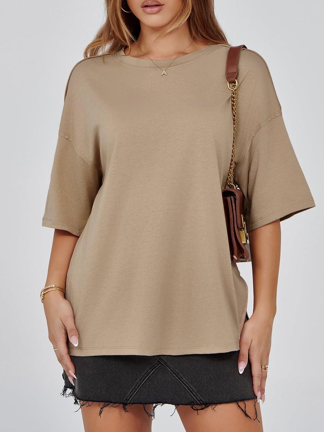 imageTankaneo Womens Oversized Tshirts Summer Casual Short Sleeve Crew Neck T Shirt Loose Fit Side Slit Tee TopsKhaki