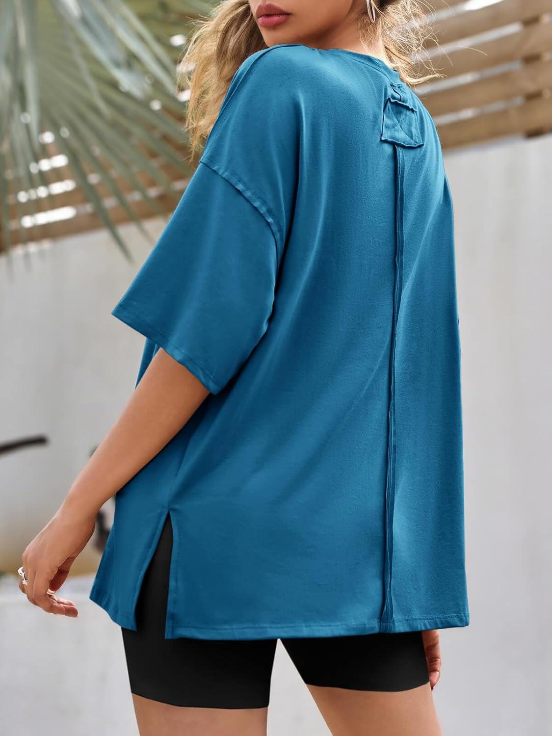 imageTankaneo Womens Oversized Tshirts Summer Casual Short Sleeve Crew Neck T Shirt Loose Fit Side Slit Tee TopsLake Blue