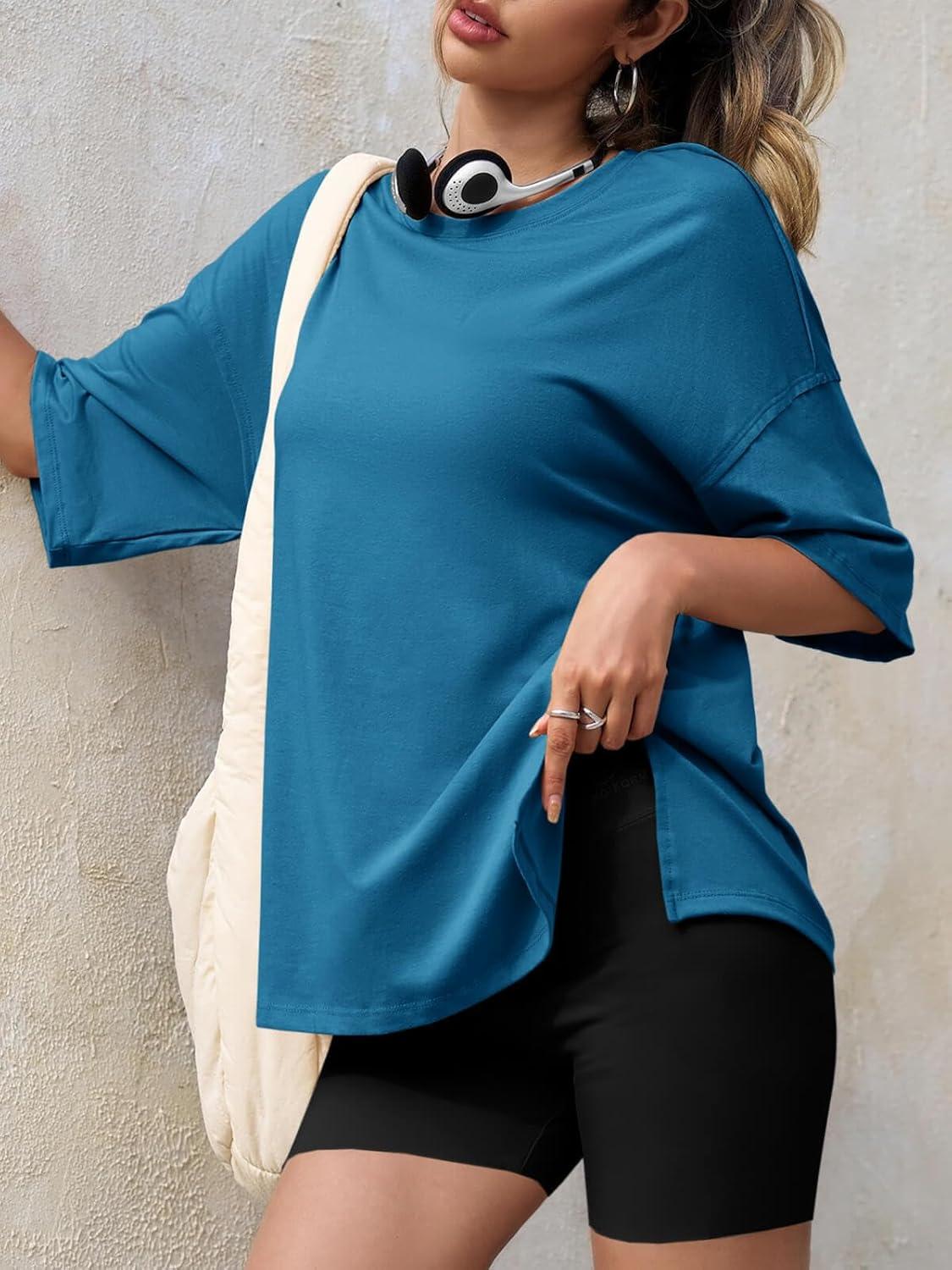 imageTankaneo Womens Oversized Tshirts Summer Casual Short Sleeve Crew Neck T Shirt Loose Fit Side Slit Tee TopsLake Blue