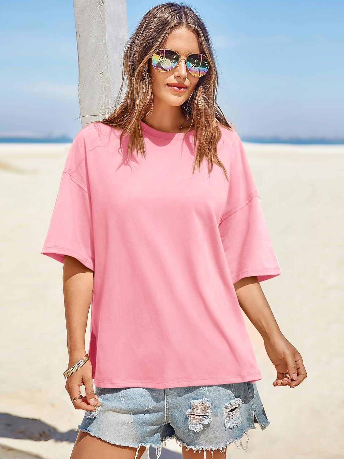 imageTankaneo Womens Oversized Tshirts Summer Casual Short Sleeve Crew Neck T Shirt Loose Fit Side Slit Tee TopsLight Pink
