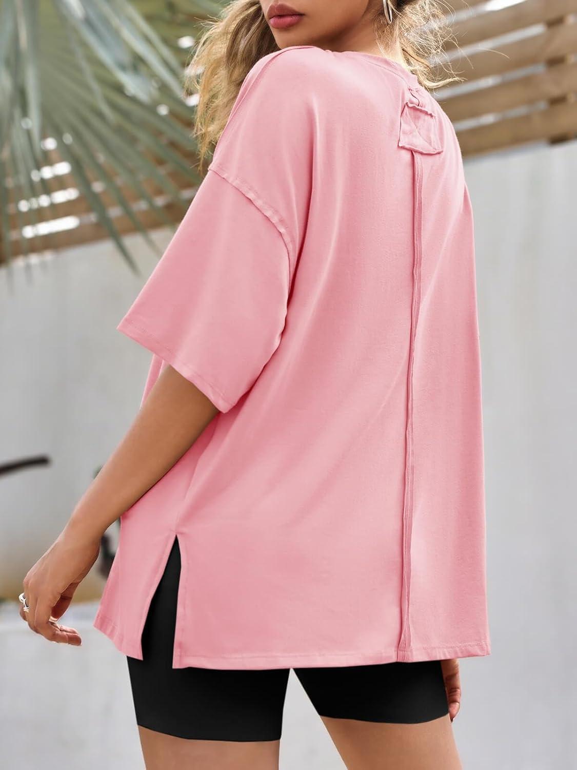 imageTankaneo Womens Oversized Tshirts Summer Casual Short Sleeve Crew Neck T Shirt Loose Fit Side Slit Tee TopsLight Pink