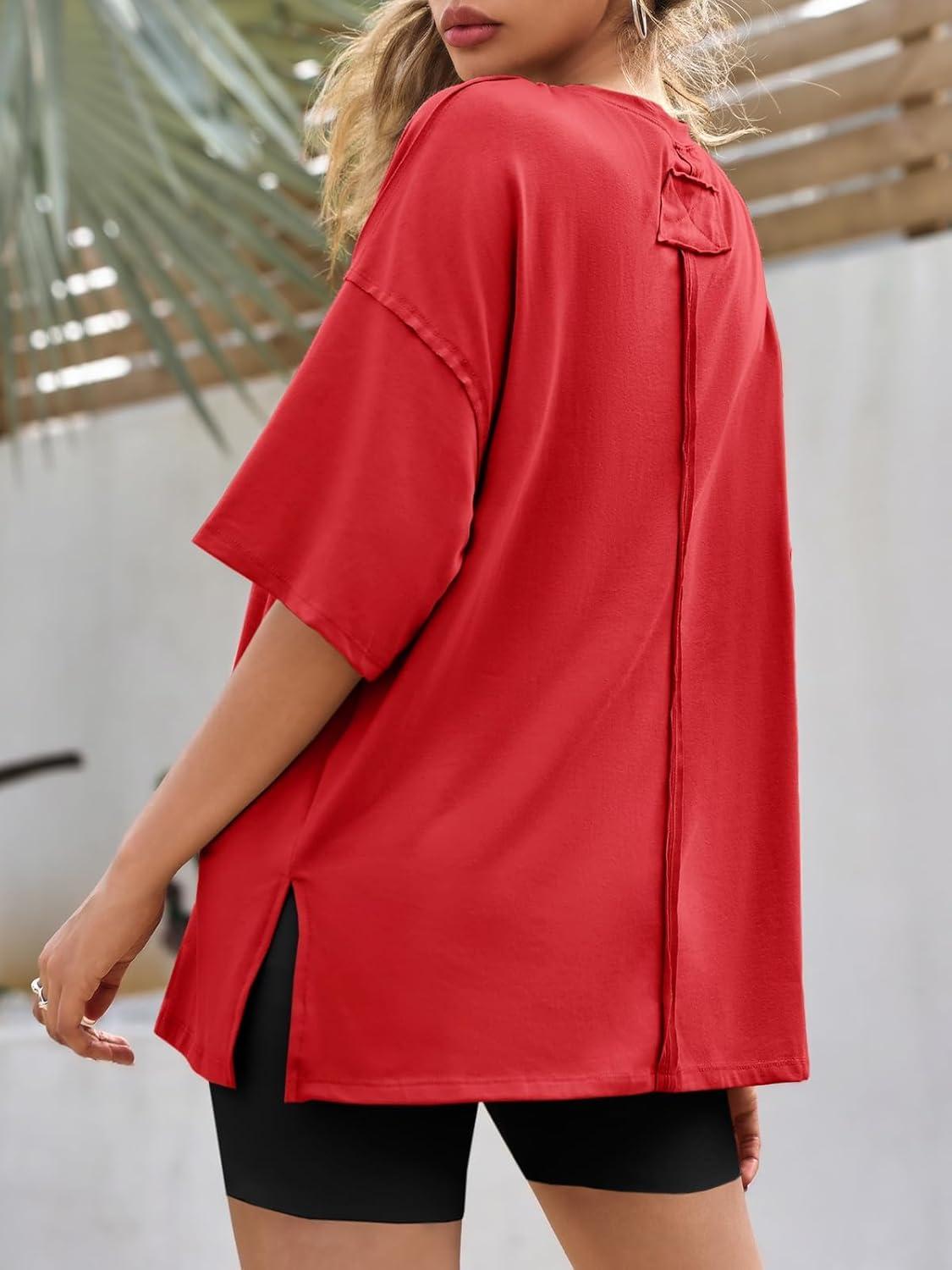 imageTankaneo Womens Oversized Tshirts Summer Casual Short Sleeve Crew Neck T Shirt Loose Fit Side Slit Tee TopsRed