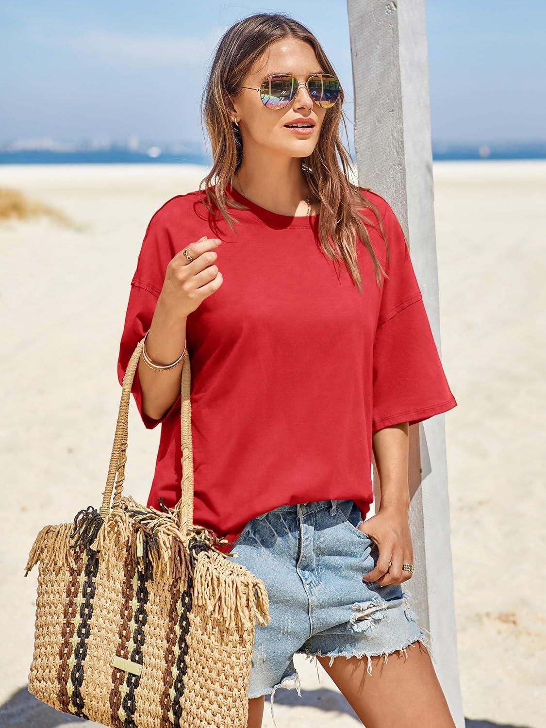 imageTankaneo Womens Oversized Tshirts Summer Casual Short Sleeve Crew Neck T Shirt Loose Fit Side Slit Tee TopsRed