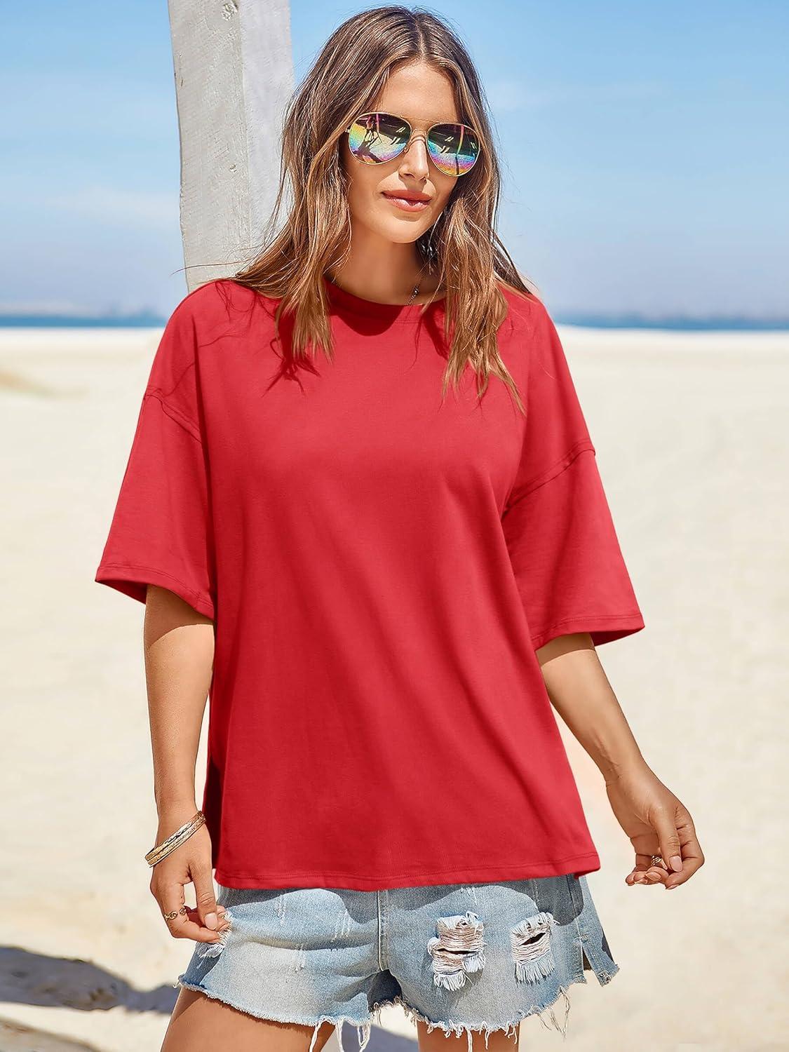 imageTankaneo Womens Oversized Tshirts Summer Casual Short Sleeve Crew Neck T Shirt Loose Fit Side Slit Tee TopsRed