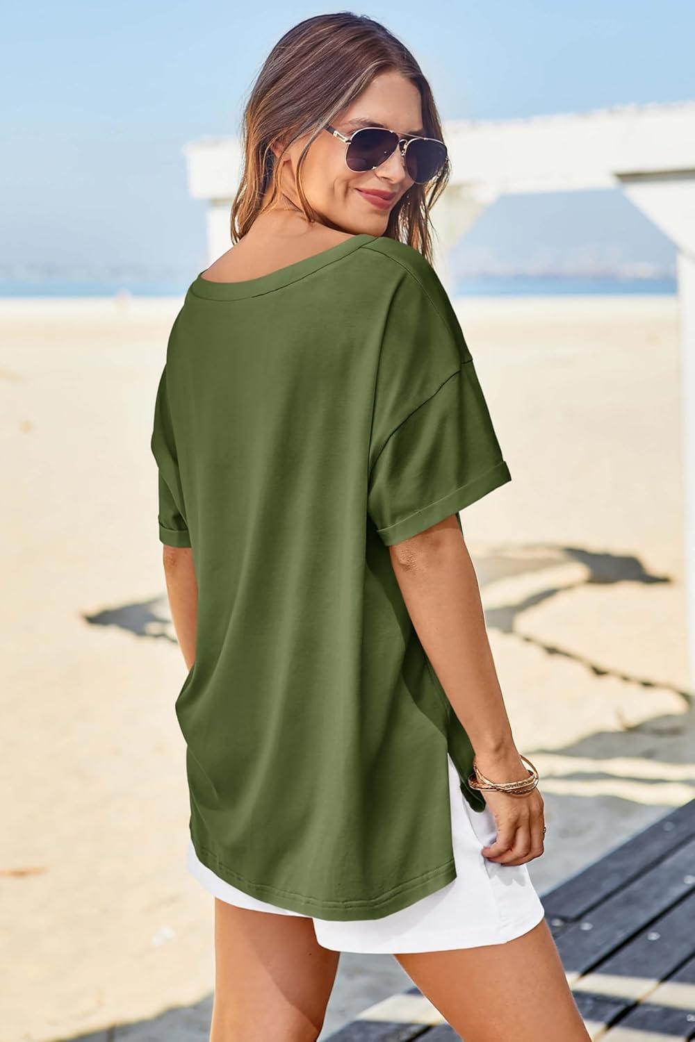 imageTankaneo Womens Oversized Tshirts V Neck Short Sleeve Tops Summer Casual Loose Fit Tunic Tee ShirtsArmy Green