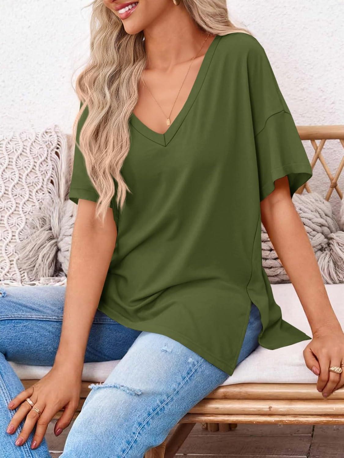 imageTankaneo Womens Oversized Tshirts V Neck Short Sleeve Tops Summer Casual Loose Fit Tunic Tee ShirtsArmy Green