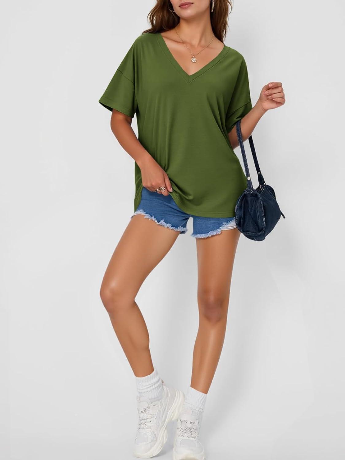 imageTankaneo Womens Oversized Tshirts V Neck Short Sleeve Tops Summer Casual Loose Fit Tunic Tee ShirtsArmy Green