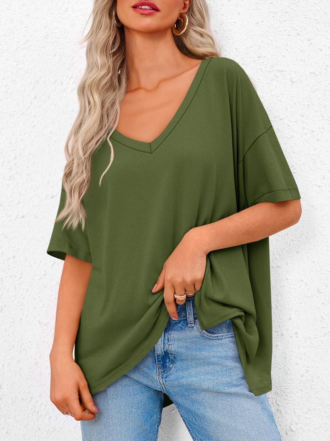 imageTankaneo Womens Oversized Tshirts V Neck Short Sleeve Tops Summer Casual Loose Fit Tunic Tee ShirtsArmy Green