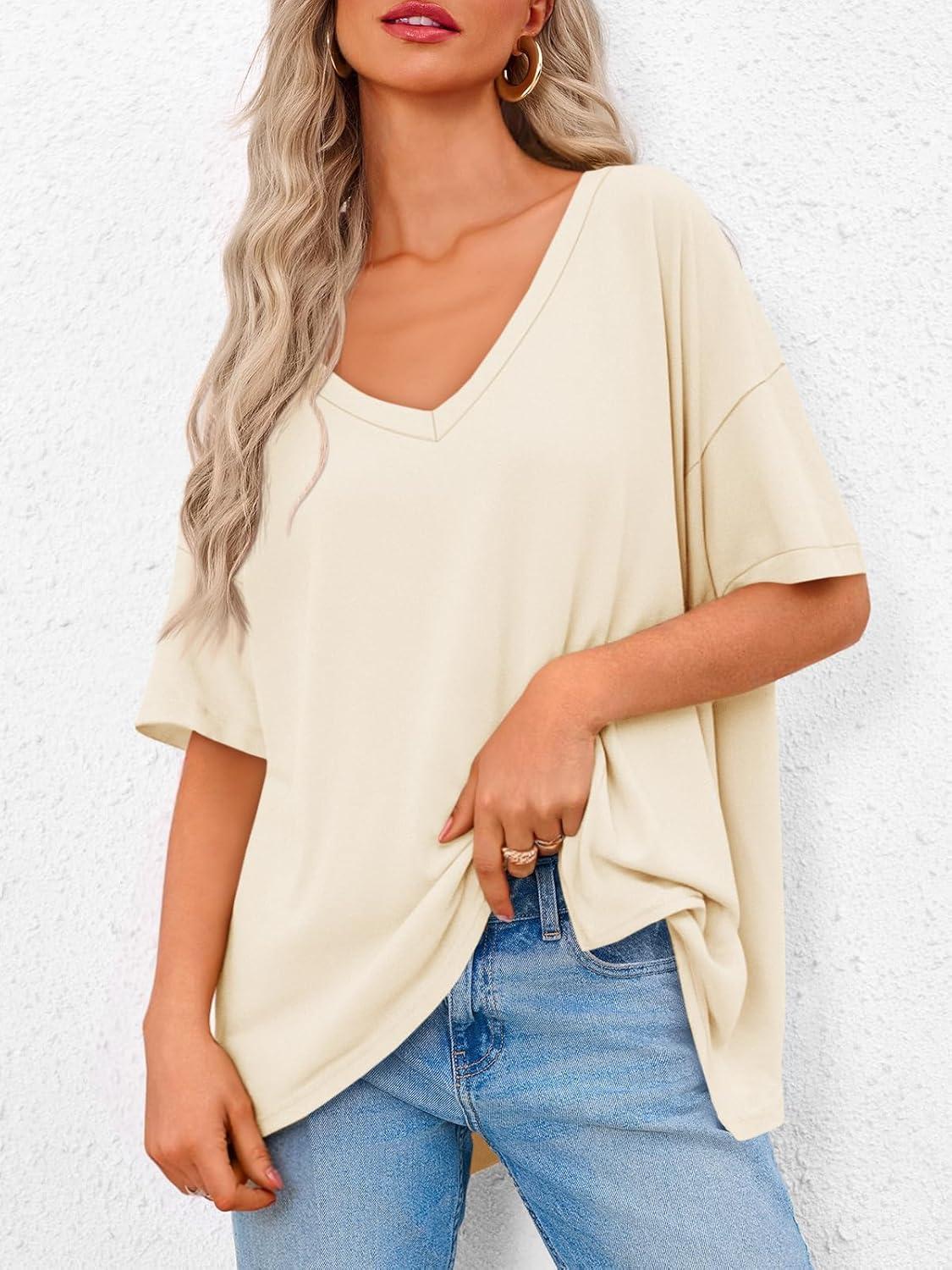 imageTankaneo Womens Oversized Tshirts V Neck Short Sleeve Tops Summer Casual Loose Fit Tunic Tee ShirtsBeige