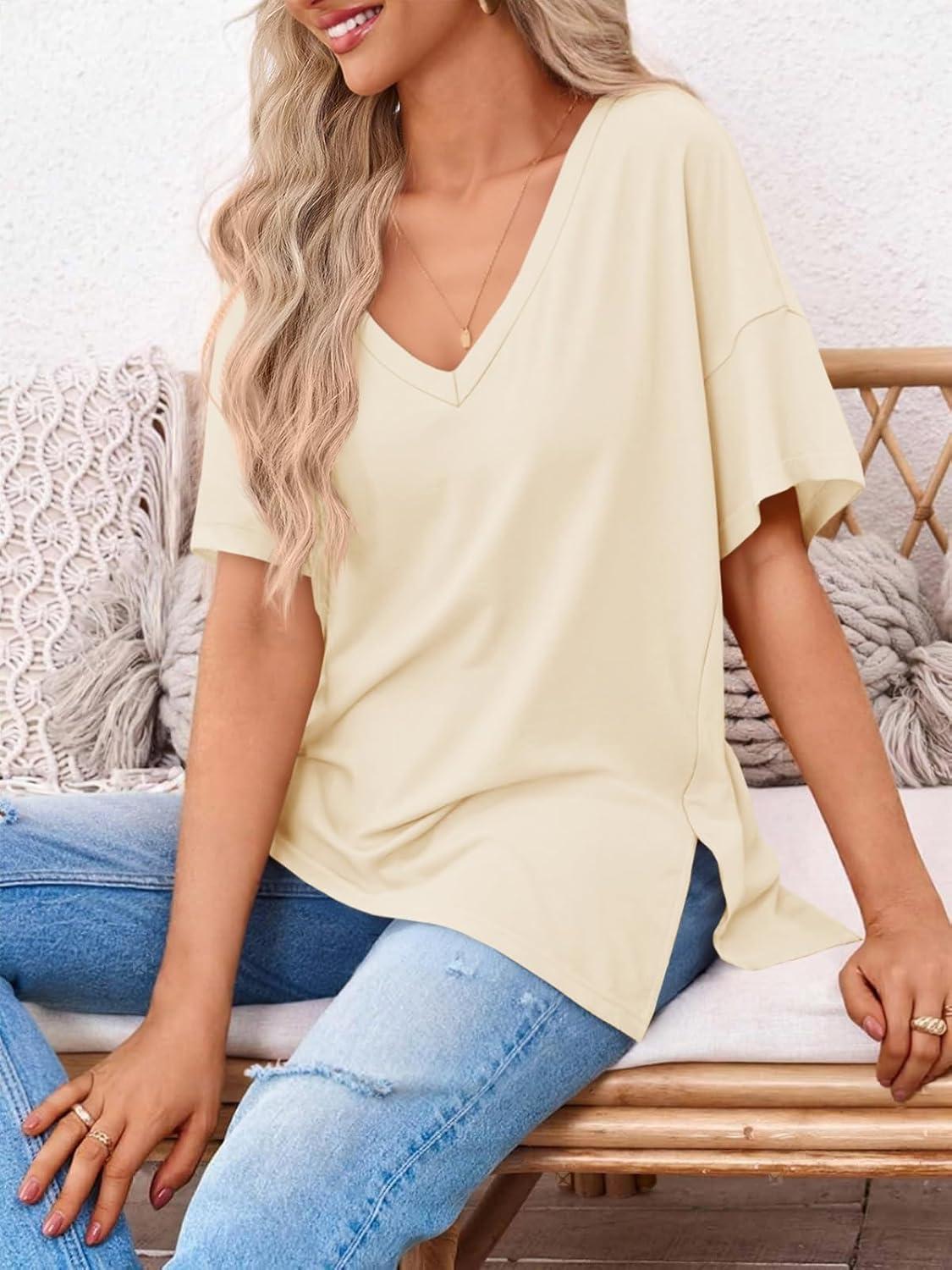 imageTankaneo Womens Oversized Tshirts V Neck Short Sleeve Tops Summer Casual Loose Fit Tunic Tee ShirtsBeige