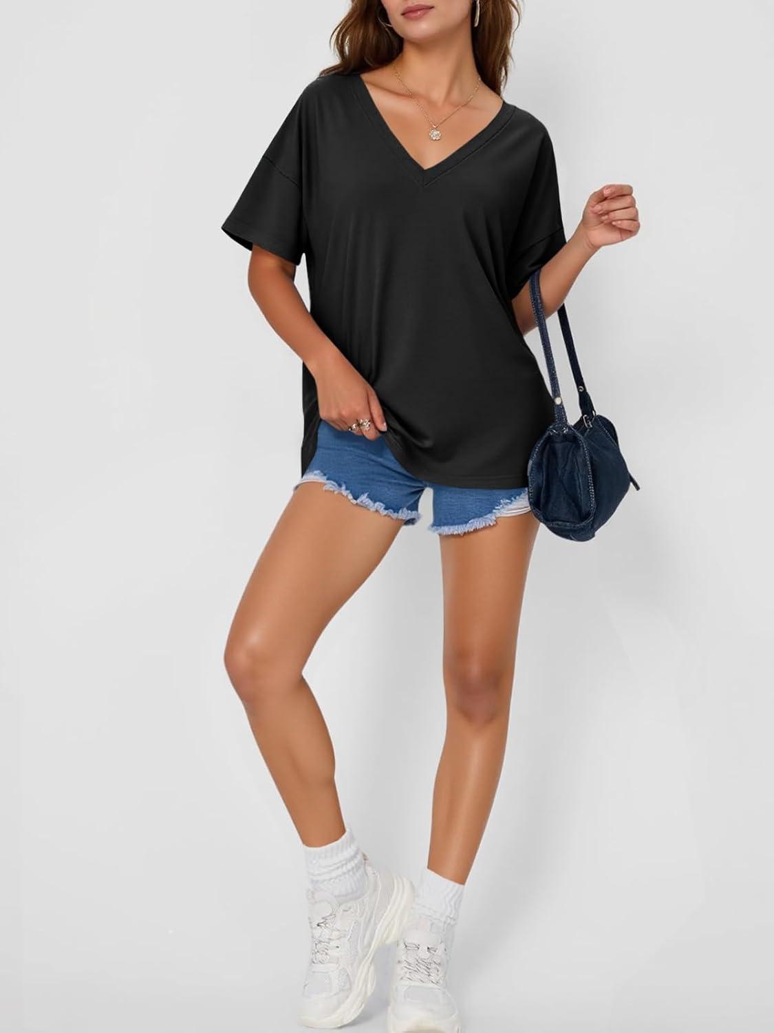 imageTankaneo Womens Oversized Tshirts V Neck Short Sleeve Tops Summer Casual Loose Fit Tunic Tee ShirtsBlack