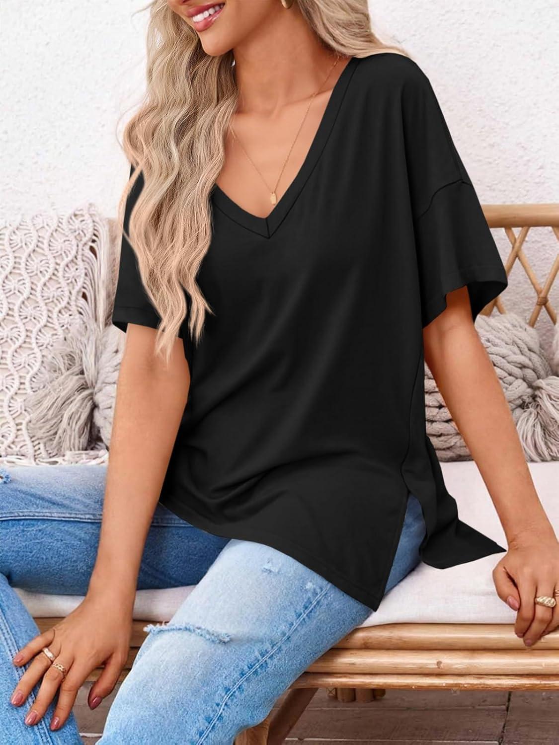 imageTankaneo Womens Oversized Tshirts V Neck Short Sleeve Tops Summer Casual Loose Fit Tunic Tee ShirtsBlack