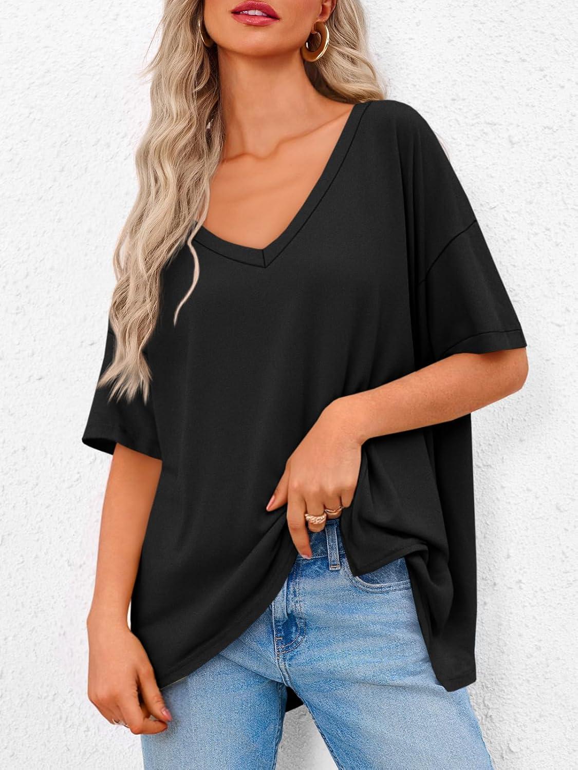 imageTankaneo Womens Oversized Tshirts V Neck Short Sleeve Tops Summer Casual Loose Fit Tunic Tee ShirtsBlack