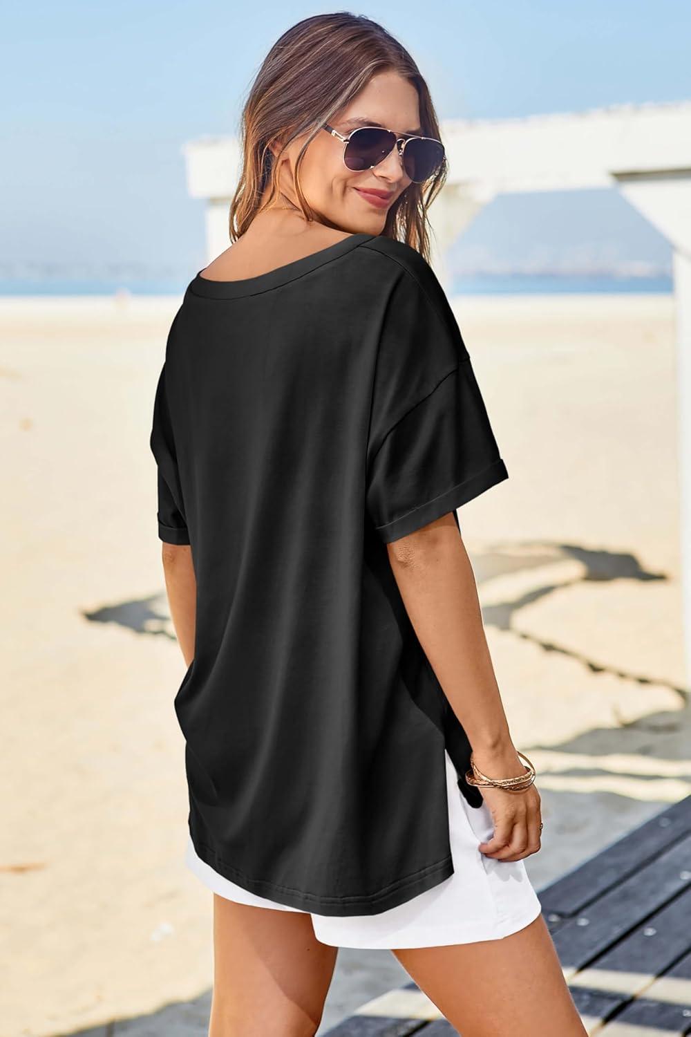 imageTankaneo Womens Oversized Tshirts V Neck Short Sleeve Tops Summer Casual Loose Fit Tunic Tee ShirtsBlack