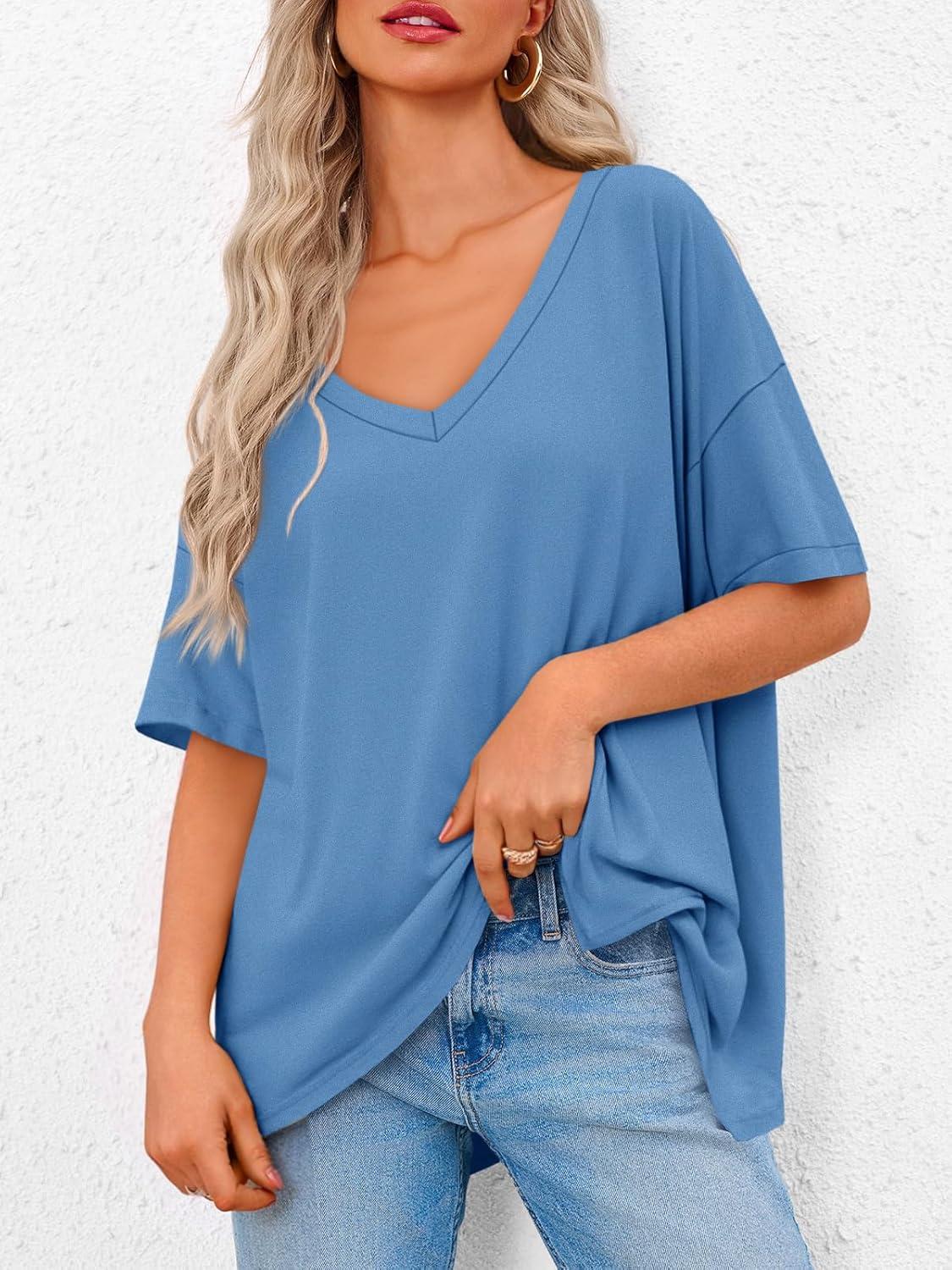 imageTankaneo Womens Oversized Tshirts V Neck Short Sleeve Tops Summer Casual Loose Fit Tunic Tee ShirtsBlue