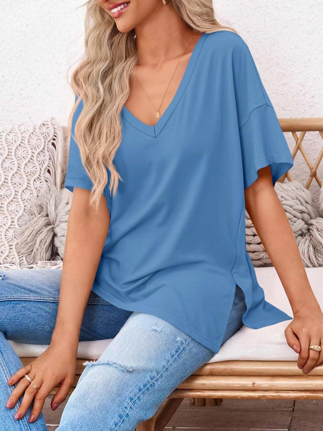 imageTankaneo Womens Oversized Tshirts V Neck Short Sleeve Tops Summer Casual Loose Fit Tunic Tee ShirtsBlue