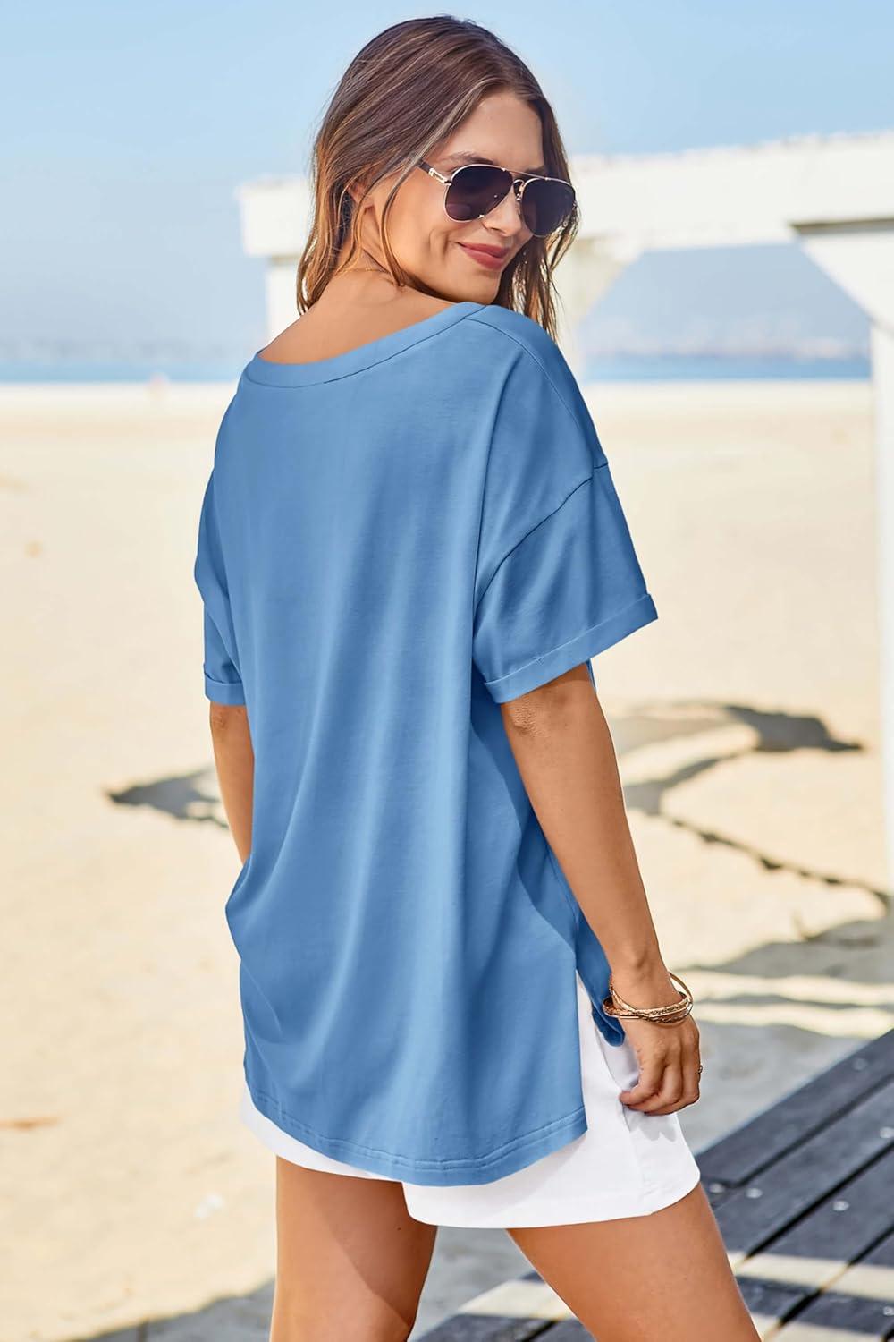 imageTankaneo Womens Oversized Tshirts V Neck Short Sleeve Tops Summer Casual Loose Fit Tunic Tee ShirtsBlue