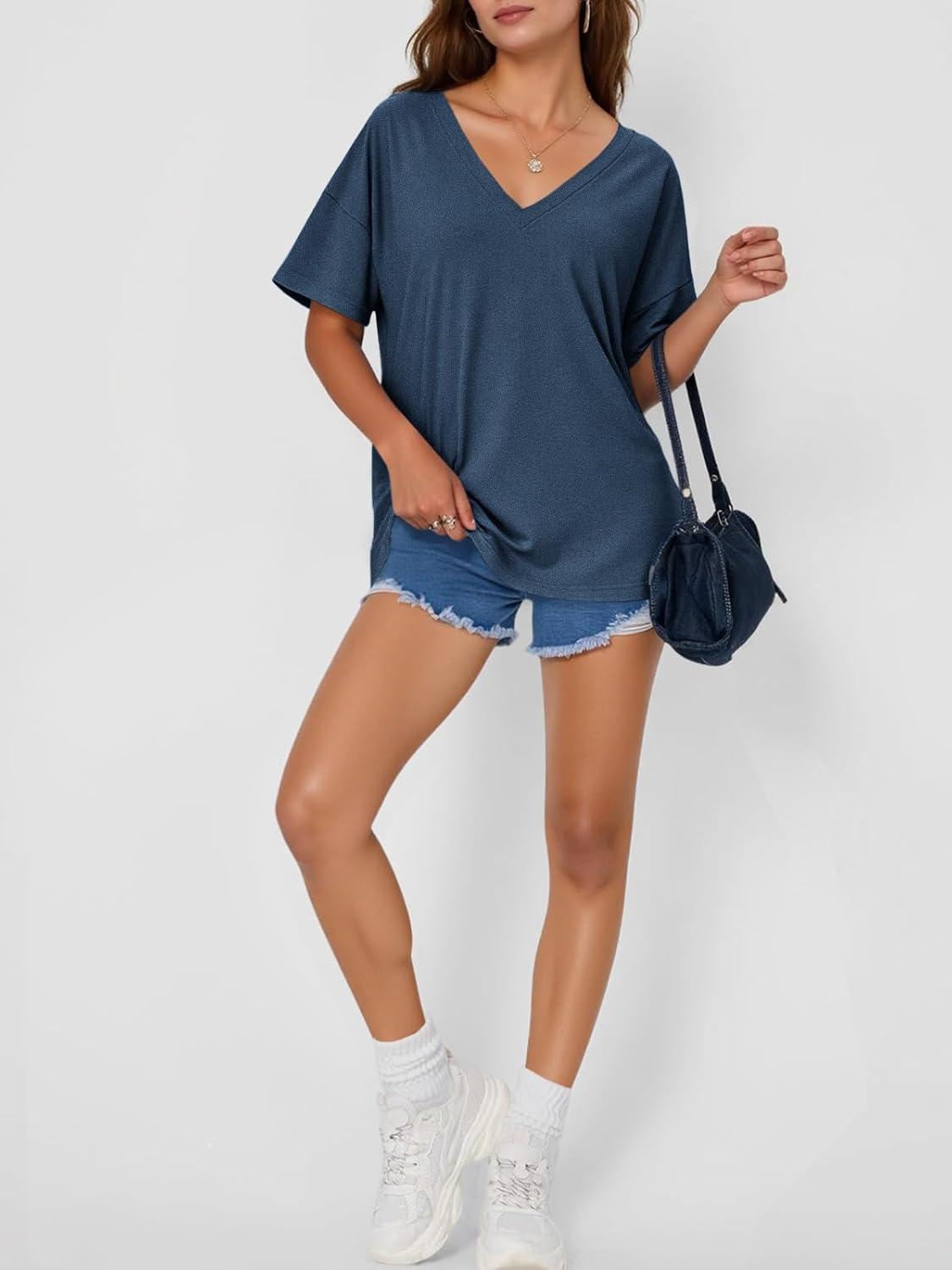 imageTankaneo Womens Oversized Tshirts V Neck Short Sleeve Tops Summer Casual Loose Fit Tunic Tee ShirtsBlue Grey