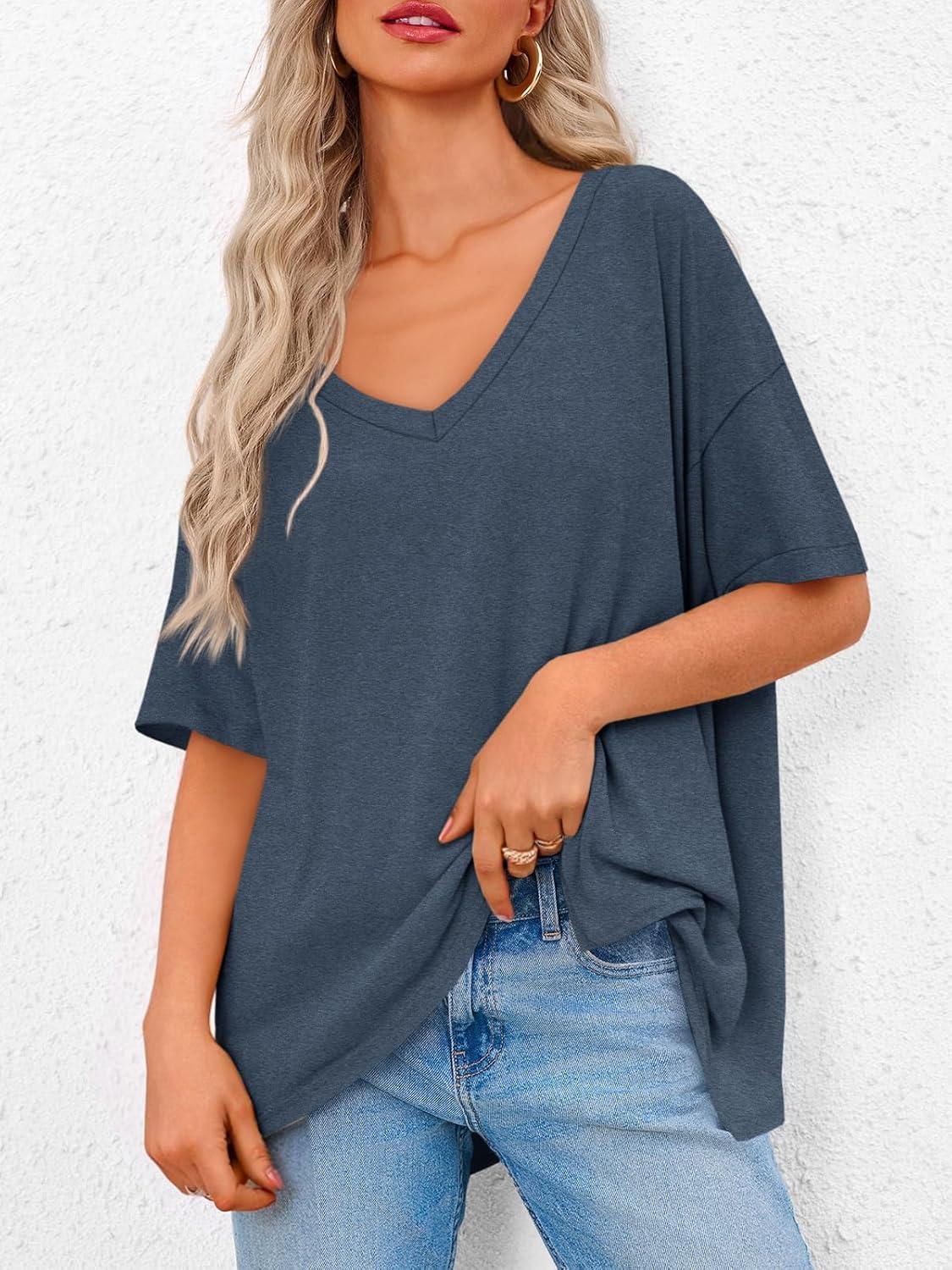 imageTankaneo Womens Oversized Tshirts V Neck Short Sleeve Tops Summer Casual Loose Fit Tunic Tee ShirtsBlue Grey