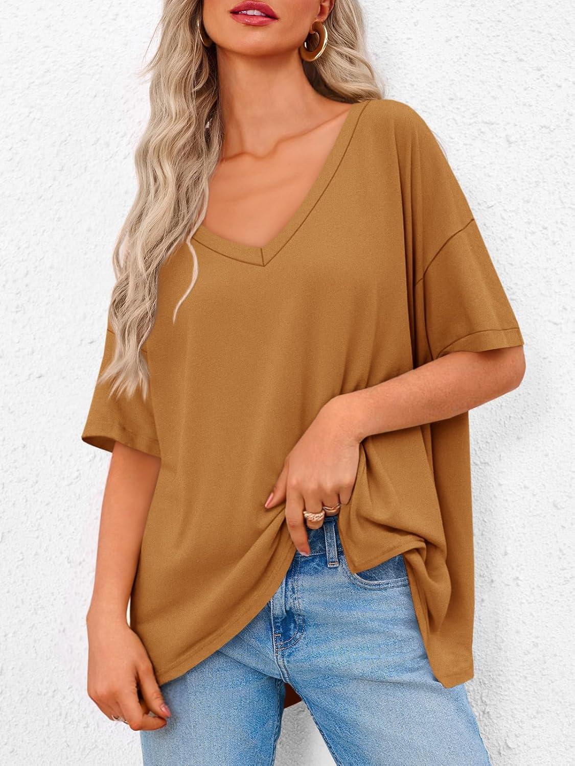 imageTankaneo Womens Oversized Tshirts V Neck Short Sleeve Tops Summer Casual Loose Fit Tunic Tee ShirtsBrown