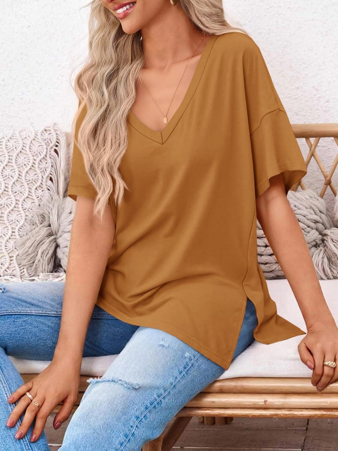 imageTankaneo Womens Oversized Tshirts V Neck Short Sleeve Tops Summer Casual Loose Fit Tunic Tee ShirtsBrown
