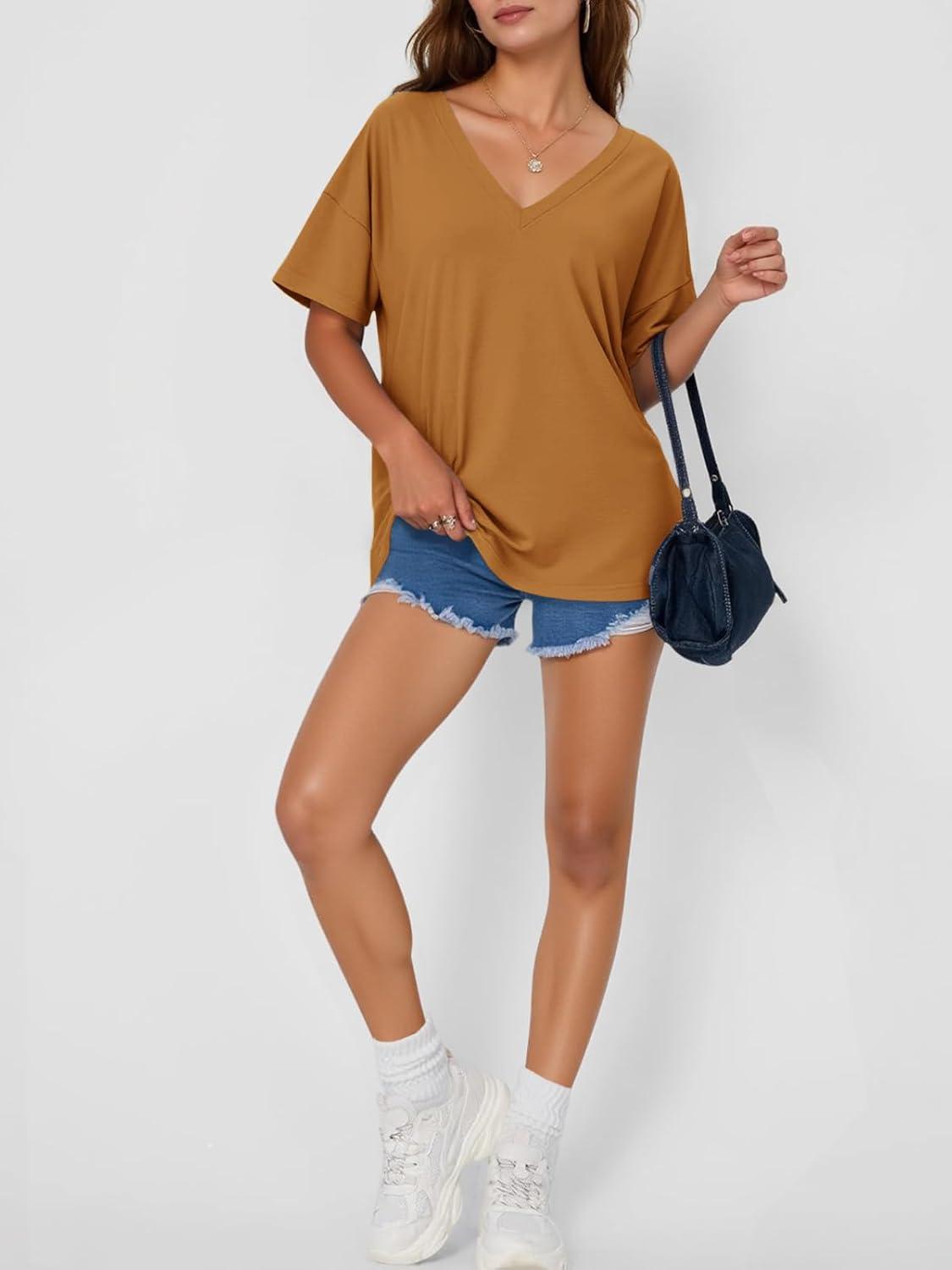imageTankaneo Womens Oversized Tshirts V Neck Short Sleeve Tops Summer Casual Loose Fit Tunic Tee ShirtsBrown