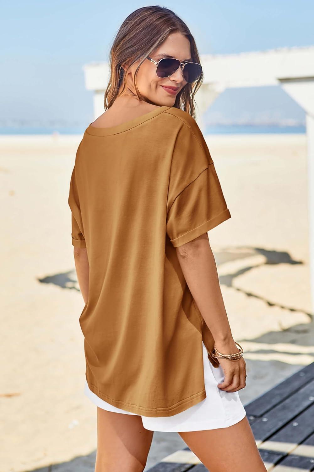 imageTankaneo Womens Oversized Tshirts V Neck Short Sleeve Tops Summer Casual Loose Fit Tunic Tee ShirtsBrown