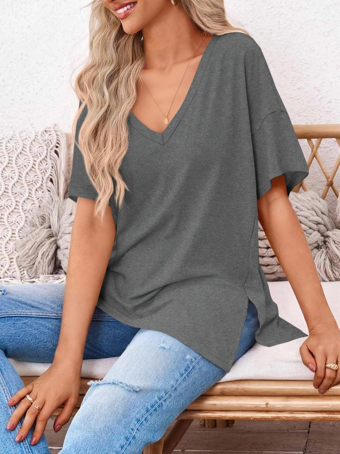 imageTankaneo Womens Oversized Tshirts V Neck Short Sleeve Tops Summer Casual Loose Fit Tunic Tee ShirtsDark Grey