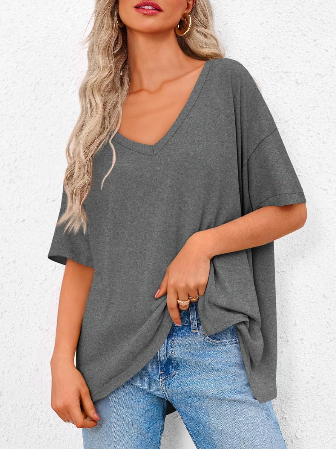 imageTankaneo Womens Oversized Tshirts V Neck Short Sleeve Tops Summer Casual Loose Fit Tunic Tee ShirtsDark Grey