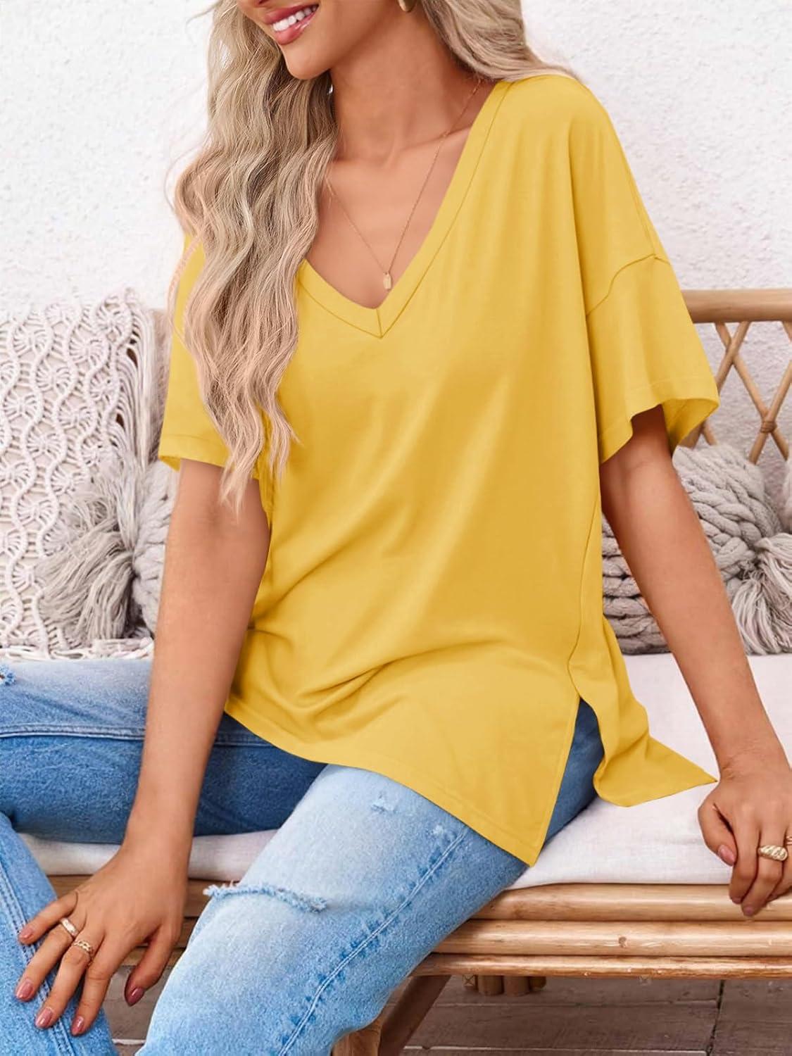 imageTankaneo Womens Oversized Tshirts V Neck Short Sleeve Tops Summer Casual Loose Fit Tunic Tee ShirtsDark Yellow