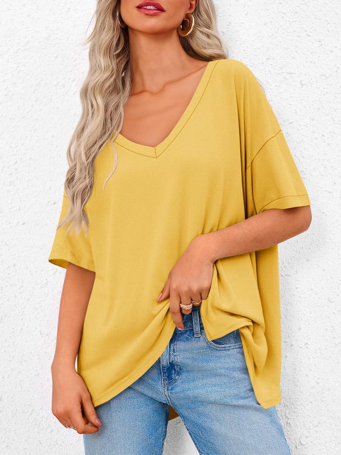 imageTankaneo Womens Oversized Tshirts V Neck Short Sleeve Tops Summer Casual Loose Fit Tunic Tee ShirtsDark Yellow