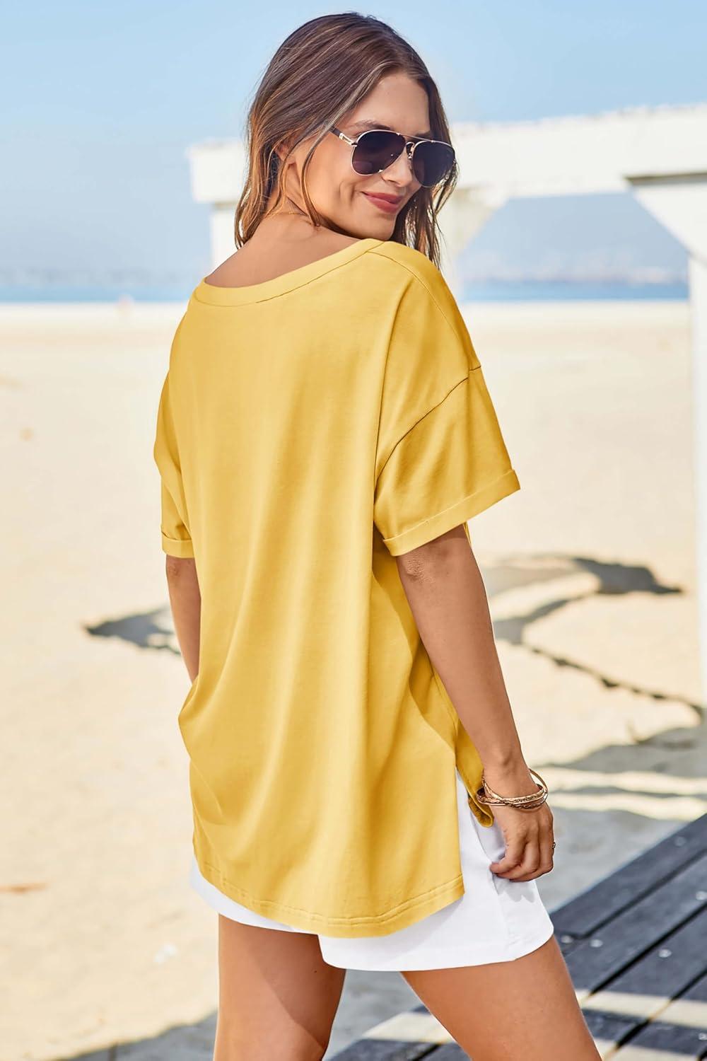 imageTankaneo Womens Oversized Tshirts V Neck Short Sleeve Tops Summer Casual Loose Fit Tunic Tee ShirtsDark Yellow