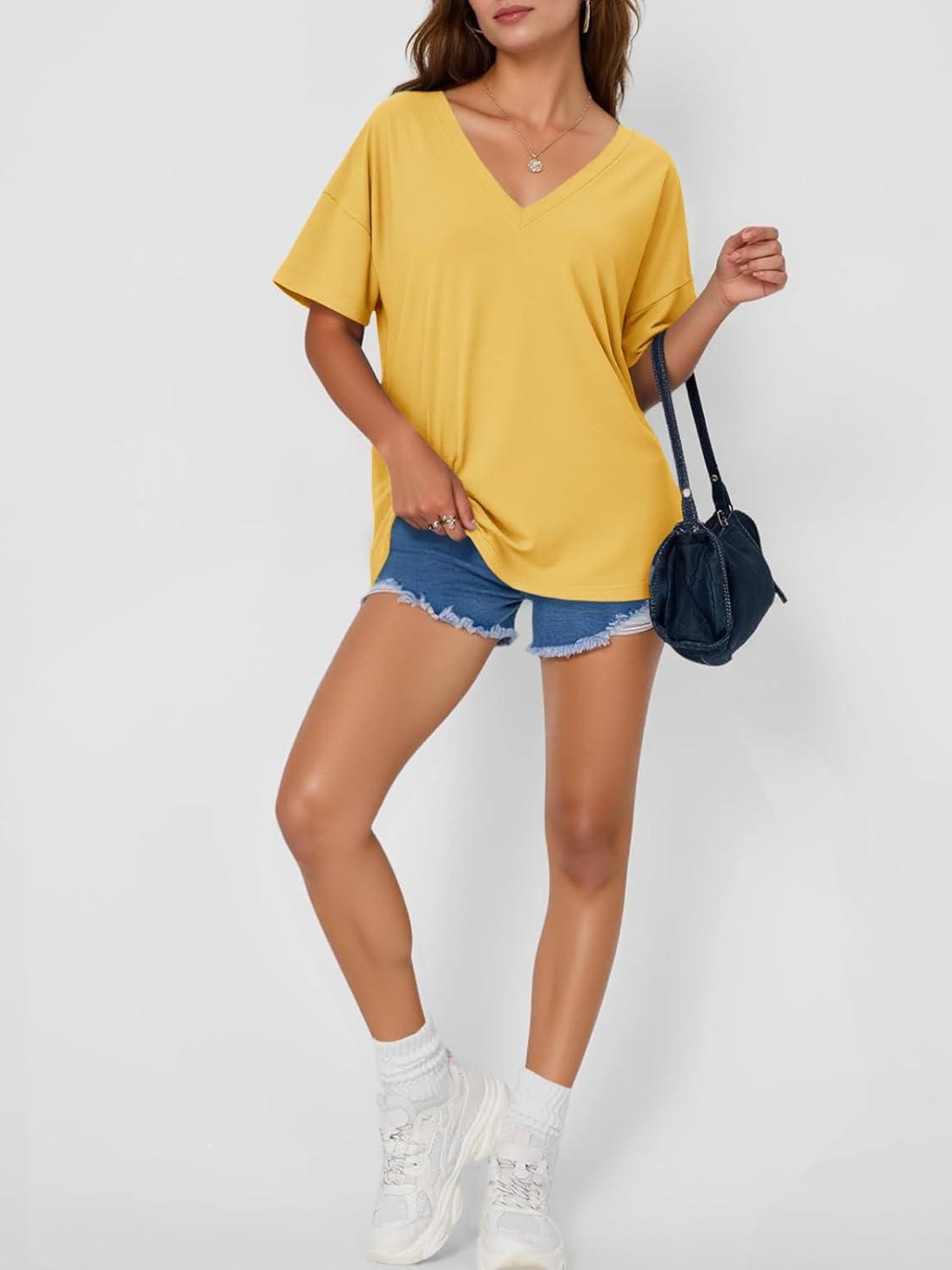 imageTankaneo Womens Oversized Tshirts V Neck Short Sleeve Tops Summer Casual Loose Fit Tunic Tee ShirtsDark Yellow