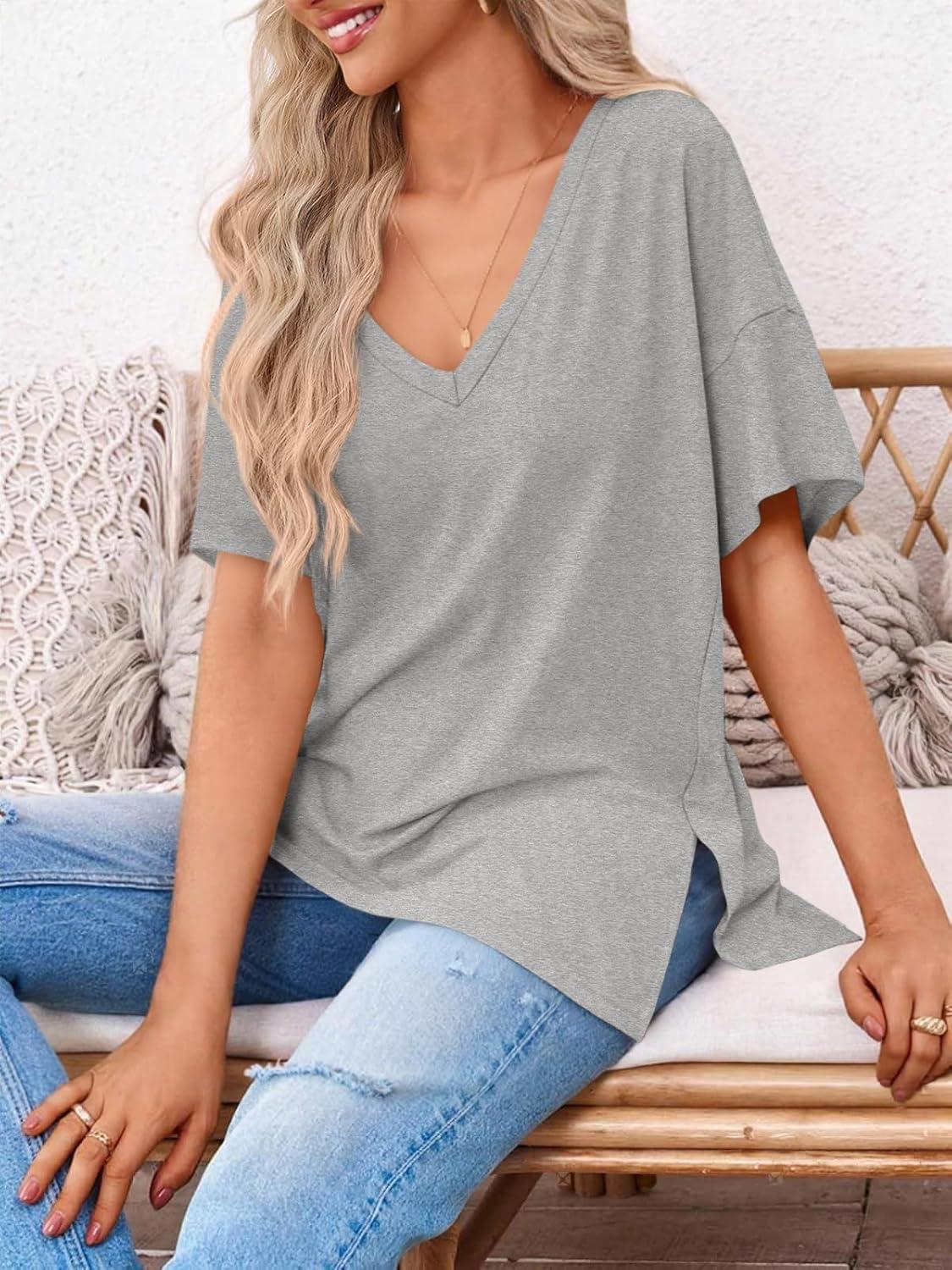 imageTankaneo Womens Oversized Tshirts V Neck Short Sleeve Tops Summer Casual Loose Fit Tunic Tee ShirtsGrey