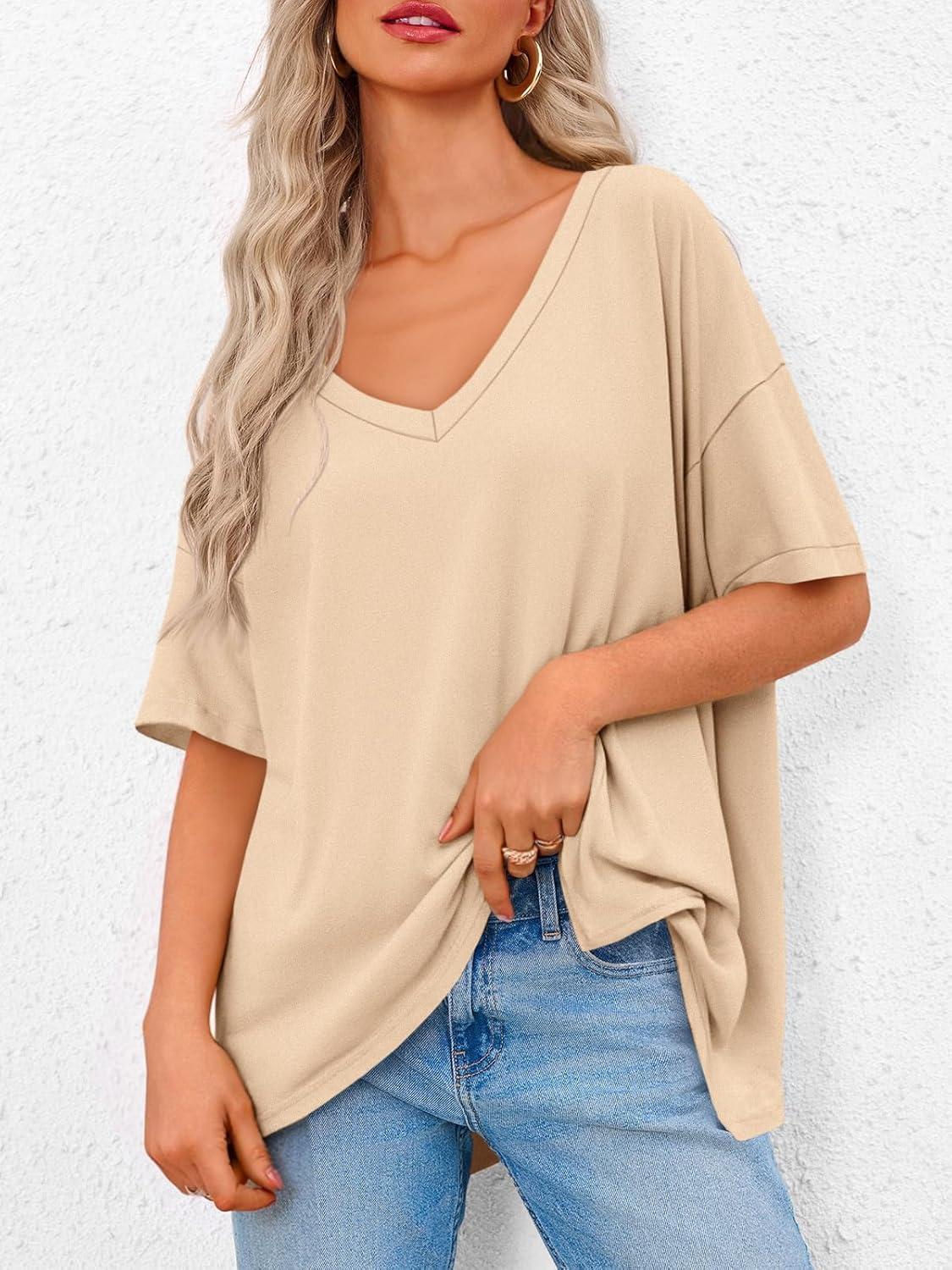 imageTankaneo Womens Oversized Tshirts V Neck Short Sleeve Tops Summer Casual Loose Fit Tunic Tee ShirtsKhaki