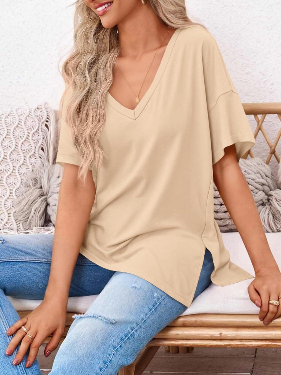 imageTankaneo Womens Oversized Tshirts V Neck Short Sleeve Tops Summer Casual Loose Fit Tunic Tee ShirtsKhaki