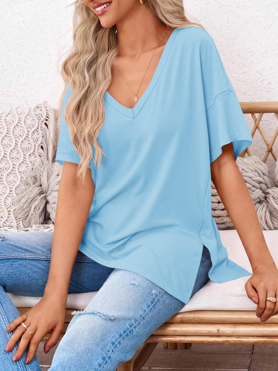 imageTankaneo Womens Oversized Tshirts V Neck Short Sleeve Tops Summer Casual Loose Fit Tunic Tee ShirtsLight Blue