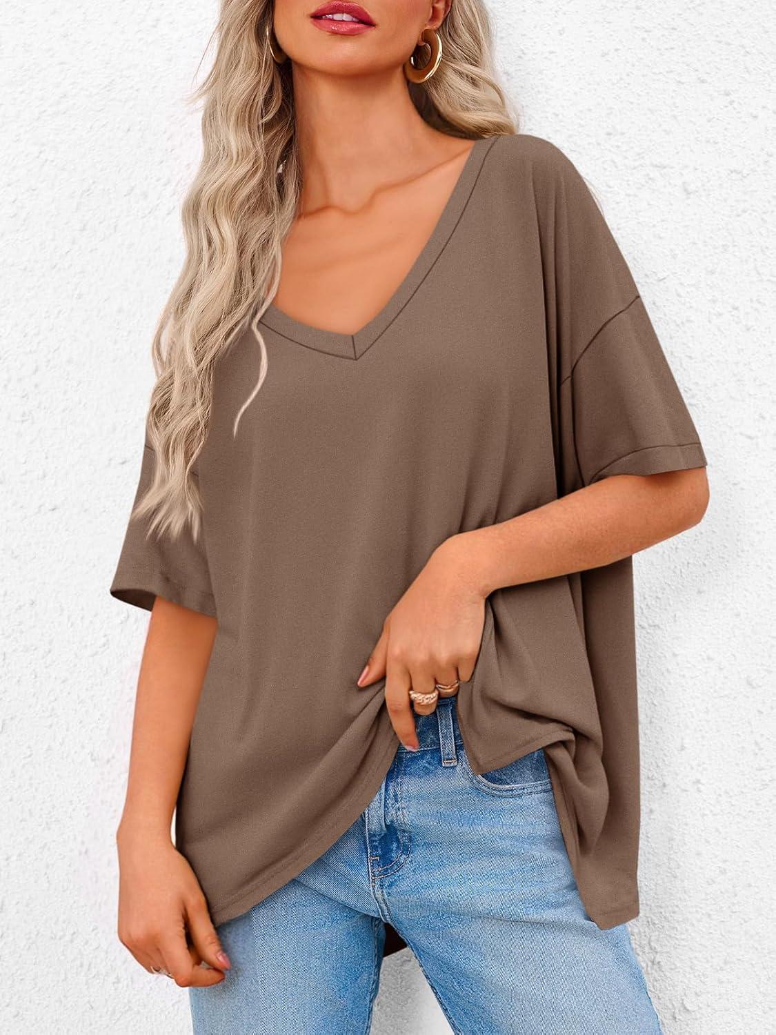 imageTankaneo Womens Oversized Tshirts V Neck Short Sleeve Tops Summer Casual Loose Fit Tunic Tee ShirtsLight Brown