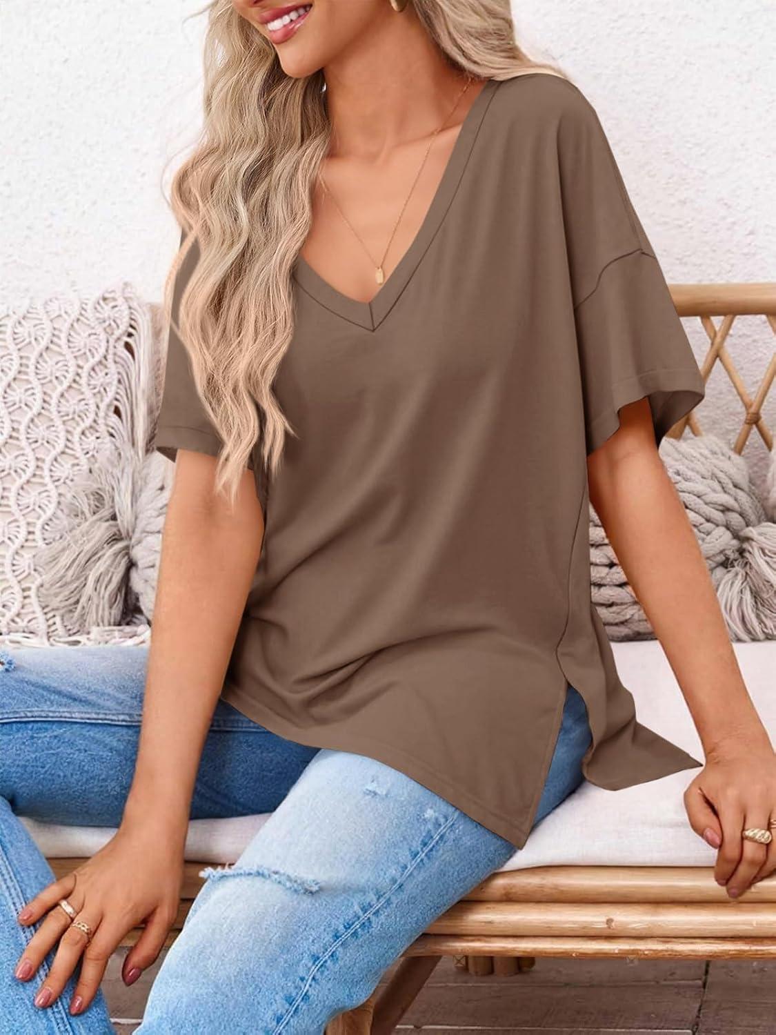 imageTankaneo Womens Oversized Tshirts V Neck Short Sleeve Tops Summer Casual Loose Fit Tunic Tee ShirtsLight Brown