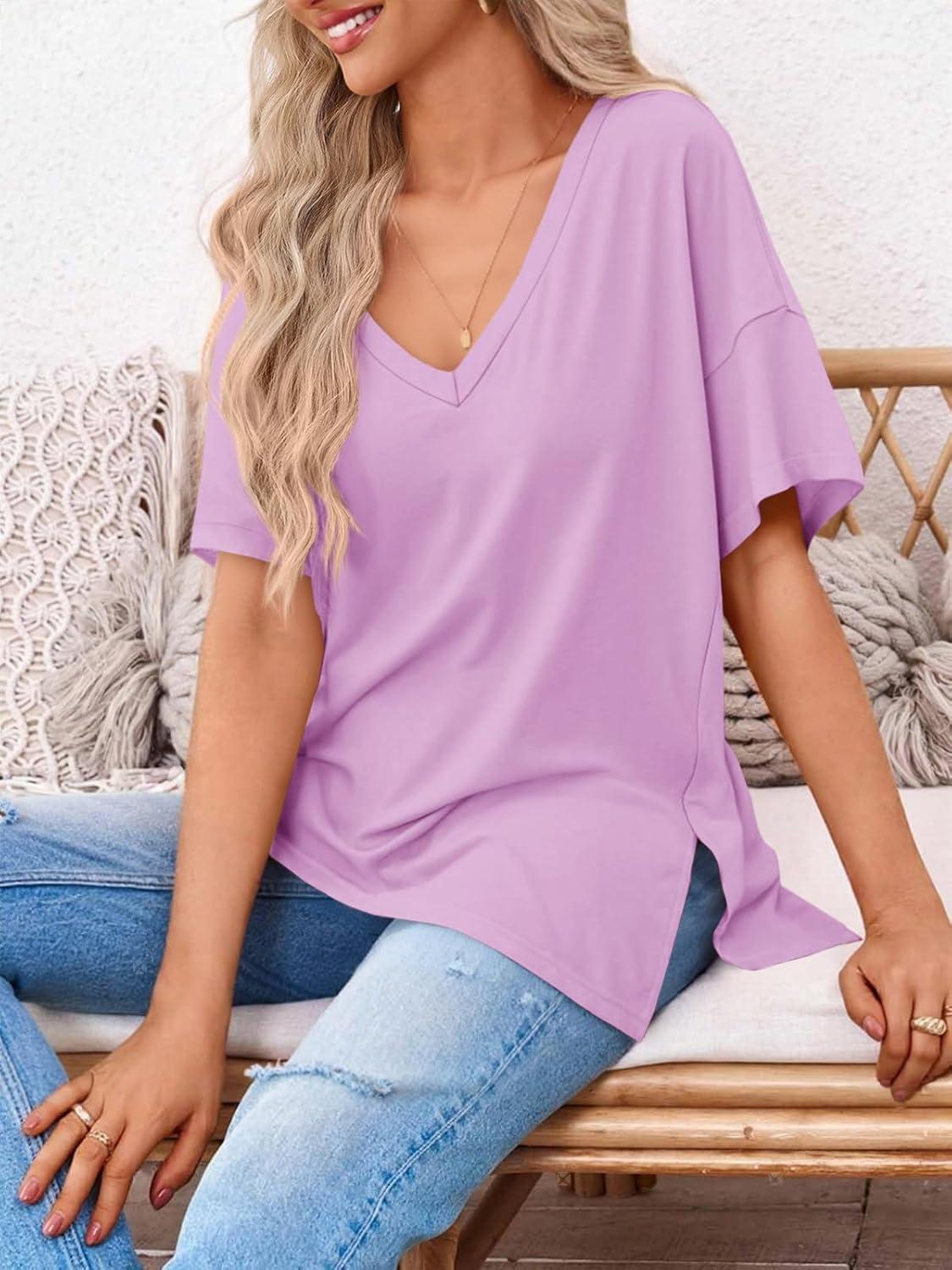 imageTankaneo Womens Oversized Tshirts V Neck Short Sleeve Tops Summer Casual Loose Fit Tunic Tee ShirtsLight Purple