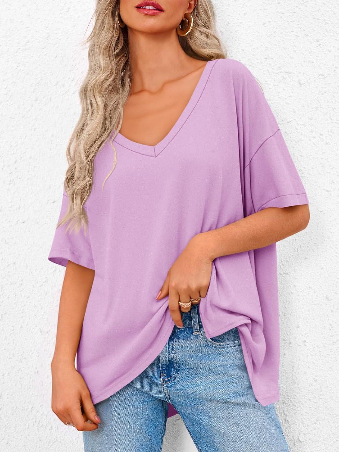 imageTankaneo Womens Oversized Tshirts V Neck Short Sleeve Tops Summer Casual Loose Fit Tunic Tee ShirtsLight Purple