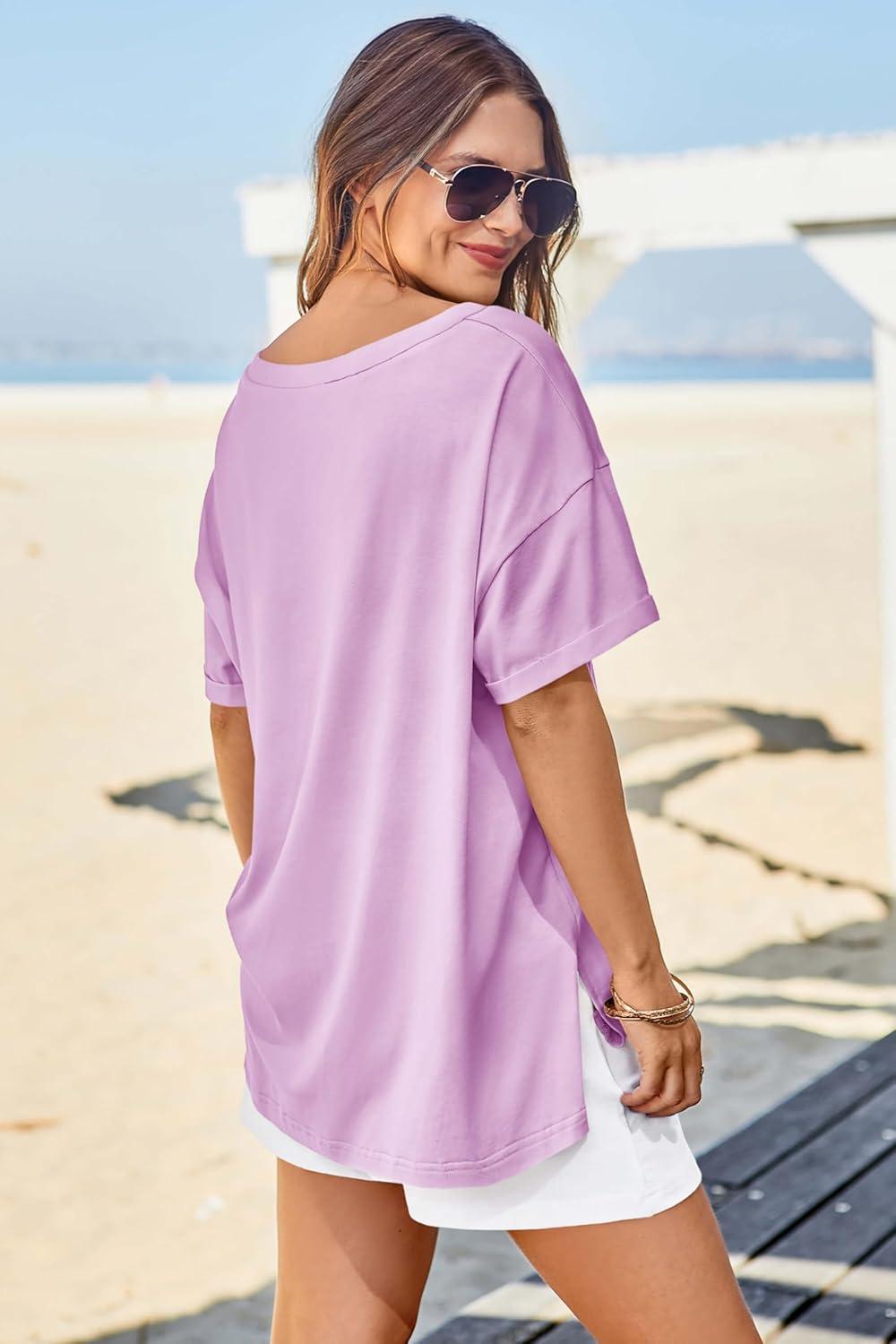 imageTankaneo Womens Oversized Tshirts V Neck Short Sleeve Tops Summer Casual Loose Fit Tunic Tee ShirtsLight Purple