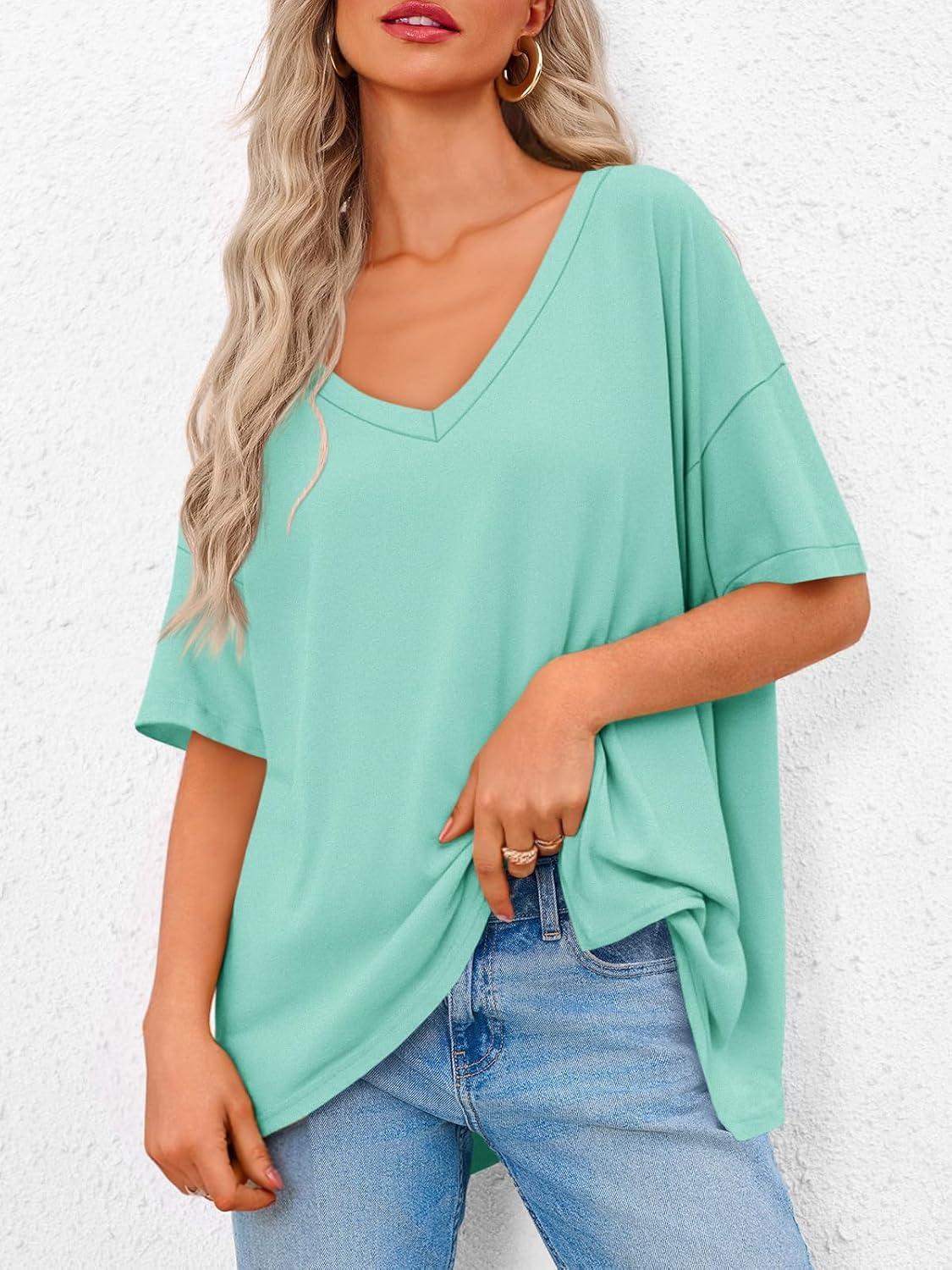 imageTankaneo Womens Oversized Tshirts V Neck Short Sleeve Tops Summer Casual Loose Fit Tunic Tee ShirtsMint Green