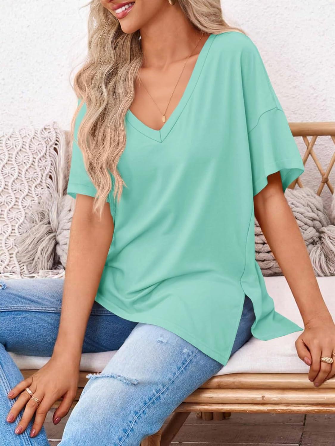 imageTankaneo Womens Oversized Tshirts V Neck Short Sleeve Tops Summer Casual Loose Fit Tunic Tee ShirtsMint Green