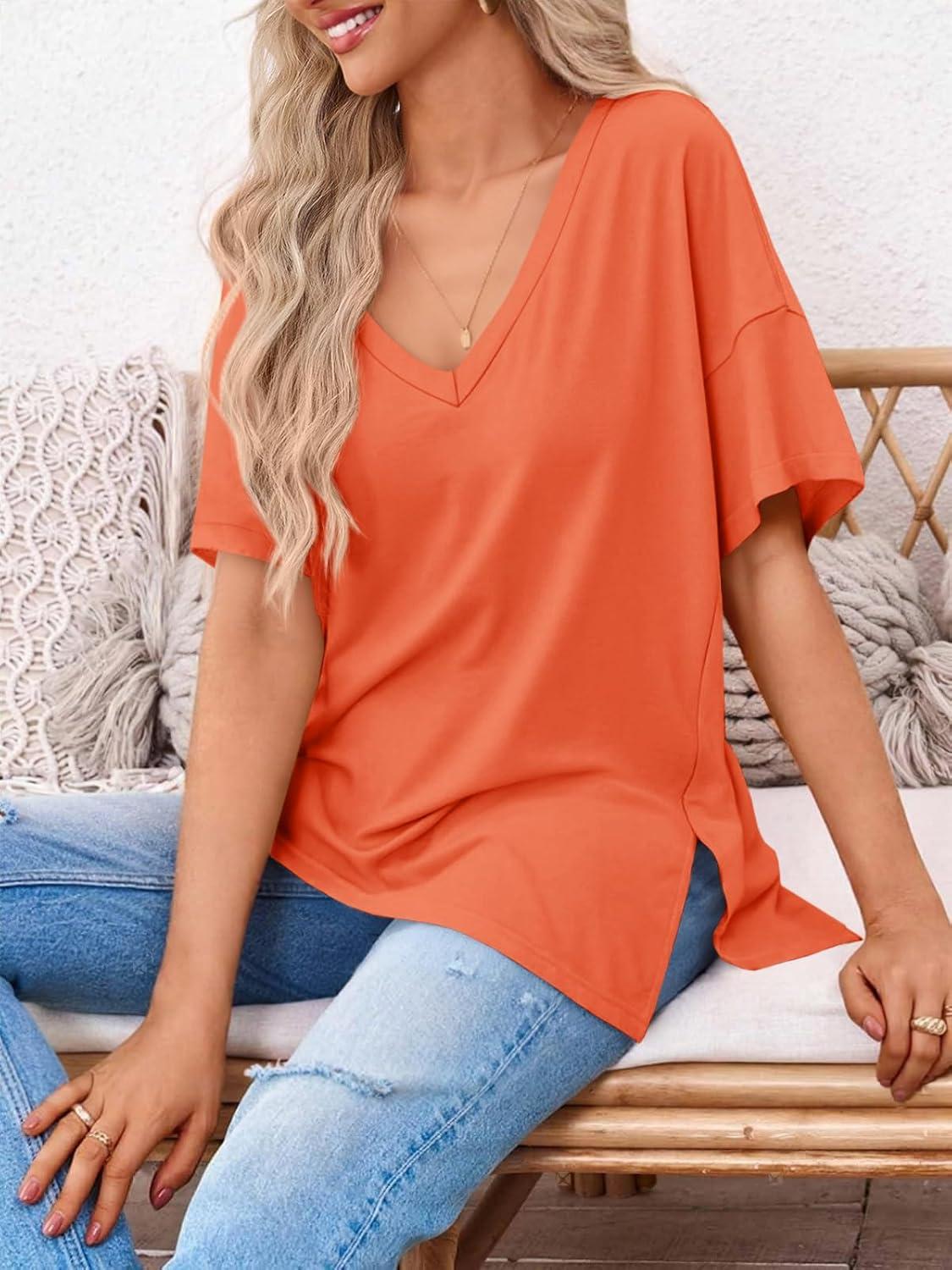 imageTankaneo Womens Oversized Tshirts V Neck Short Sleeve Tops Summer Casual Loose Fit Tunic Tee ShirtsOrange