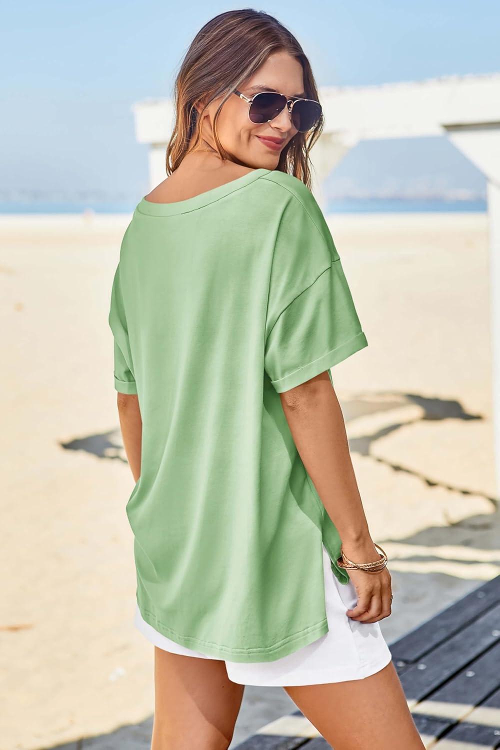 imageTankaneo Womens Oversized Tshirts V Neck Short Sleeve Tops Summer Casual Loose Fit Tunic Tee ShirtsPea Green