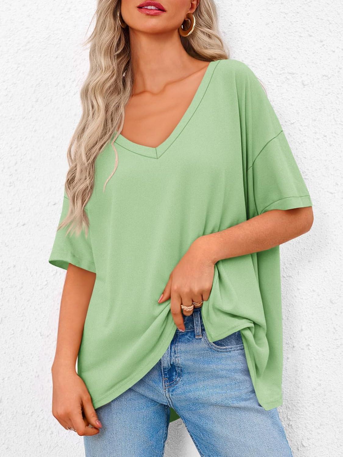imageTankaneo Womens Oversized Tshirts V Neck Short Sleeve Tops Summer Casual Loose Fit Tunic Tee ShirtsPea Green