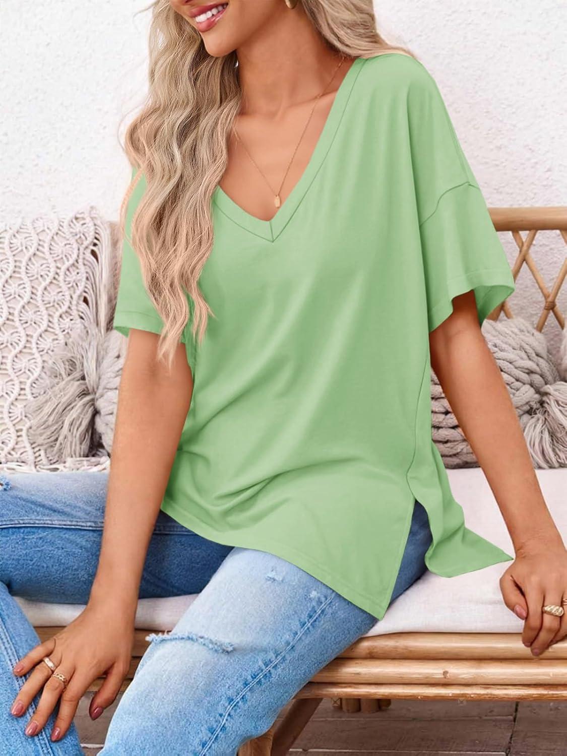imageTankaneo Womens Oversized Tshirts V Neck Short Sleeve Tops Summer Casual Loose Fit Tunic Tee ShirtsPea Green