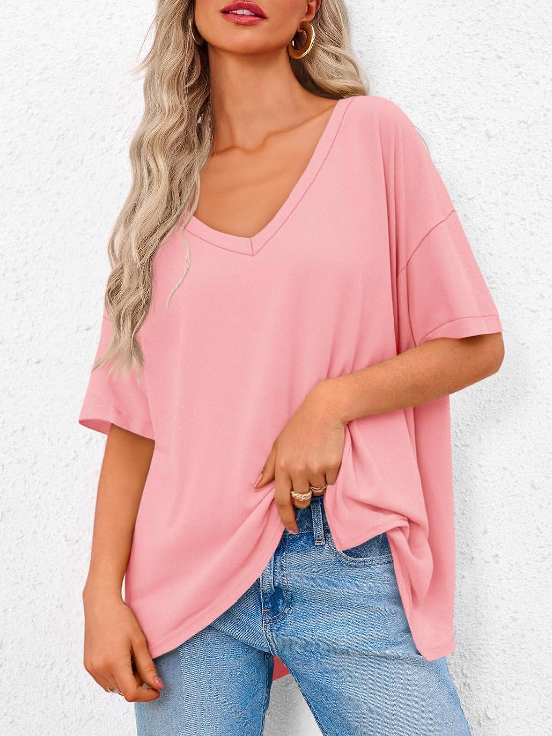 imageTankaneo Womens Oversized Tshirts V Neck Short Sleeve Tops Summer Casual Loose Fit Tunic Tee ShirtsPink