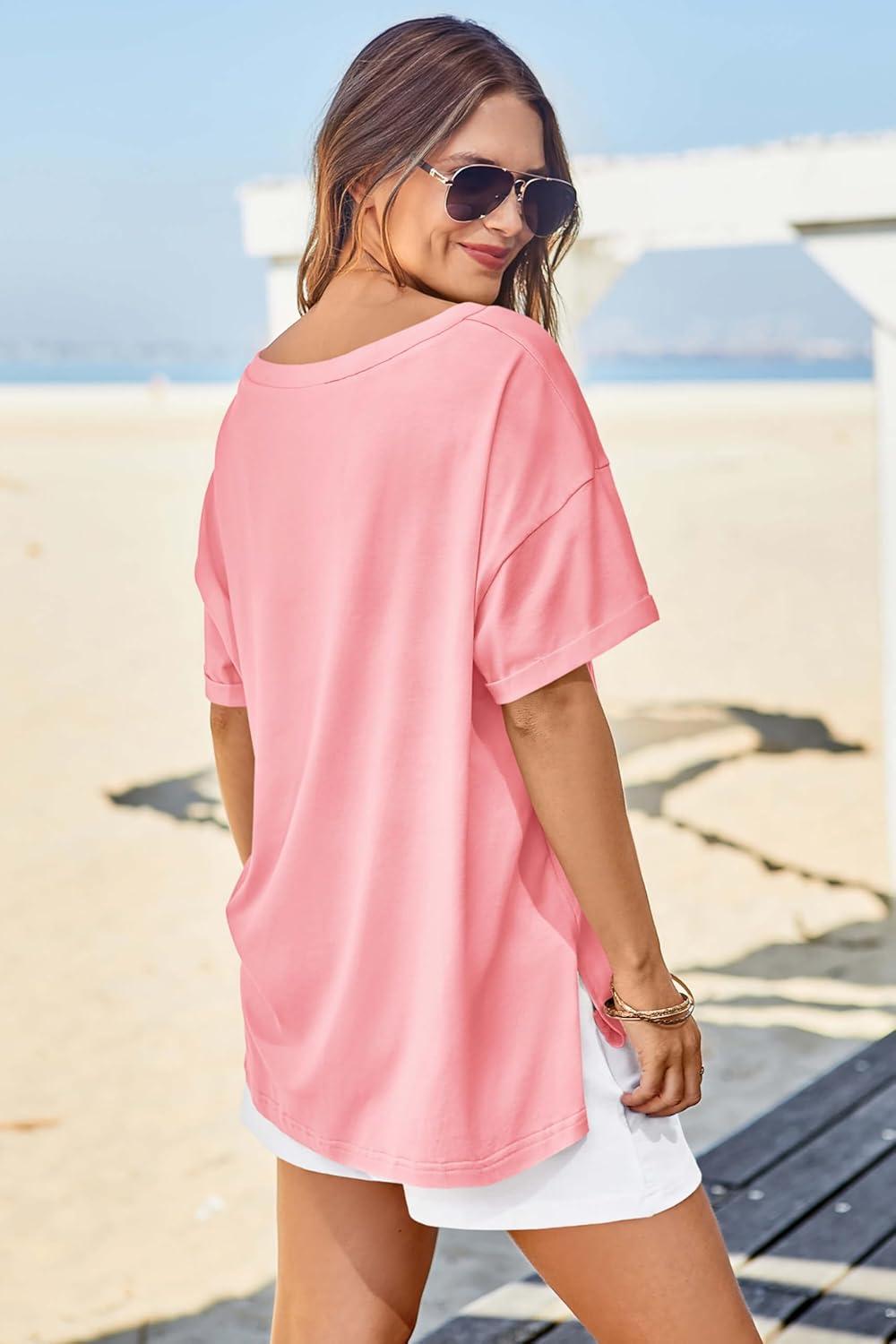 imageTankaneo Womens Oversized Tshirts V Neck Short Sleeve Tops Summer Casual Loose Fit Tunic Tee ShirtsPink